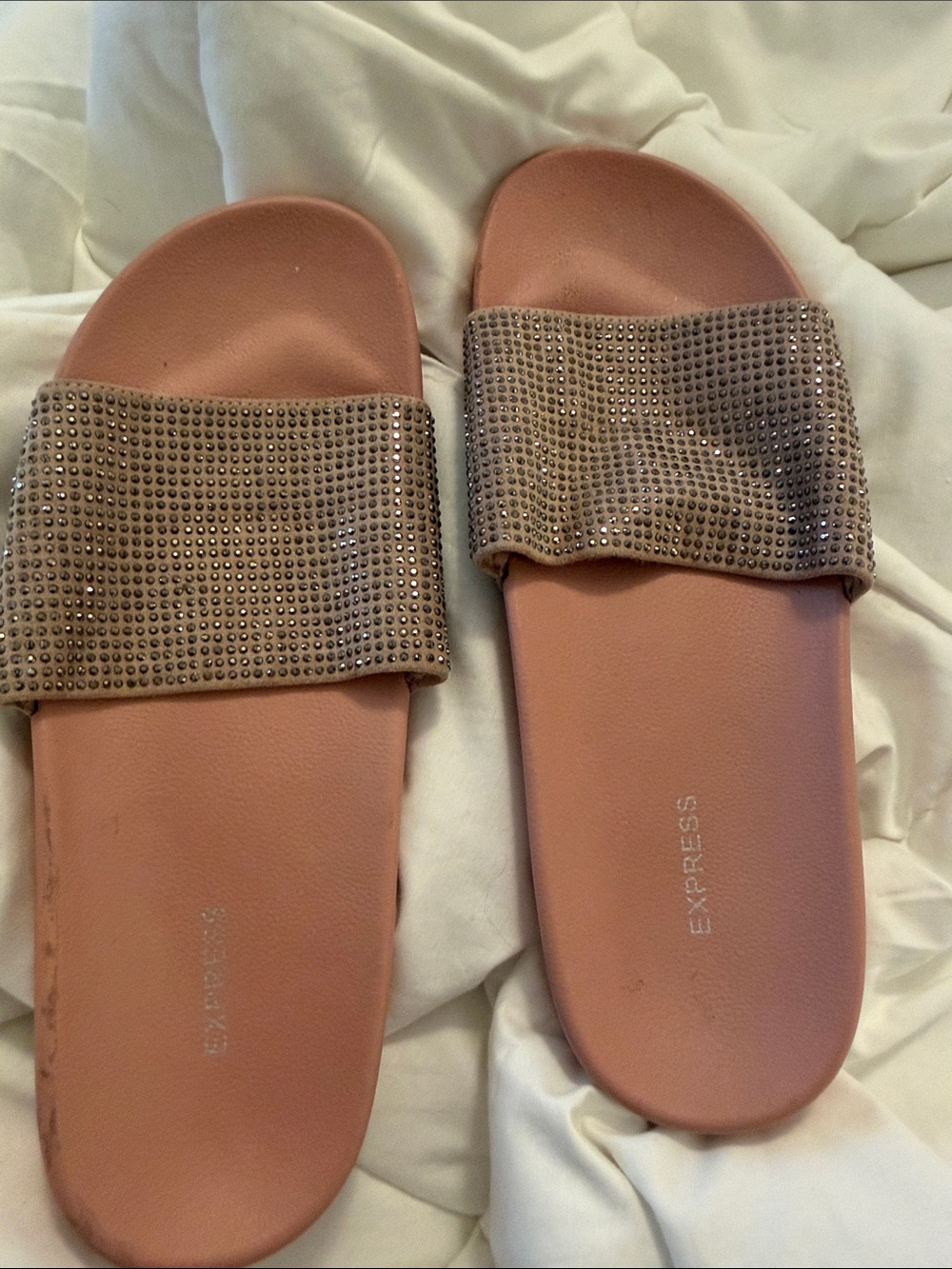 Express Women's Pink Rose-Gold Crystal Slide Sandals